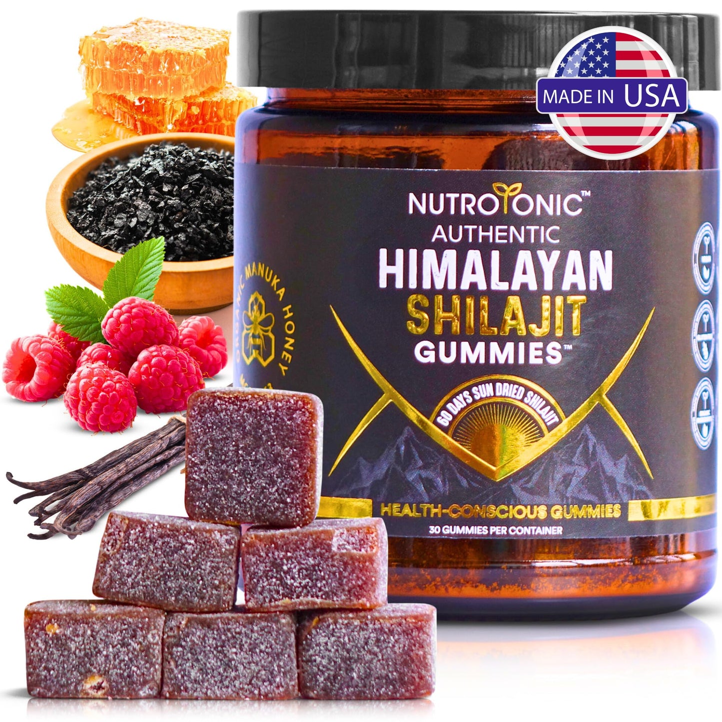 NutroTonic Organic Himalayan Shilajit Gummies – Raspberry Vanilla, Manuka Honey MGO +263 | Made in USA | 30 Gummies