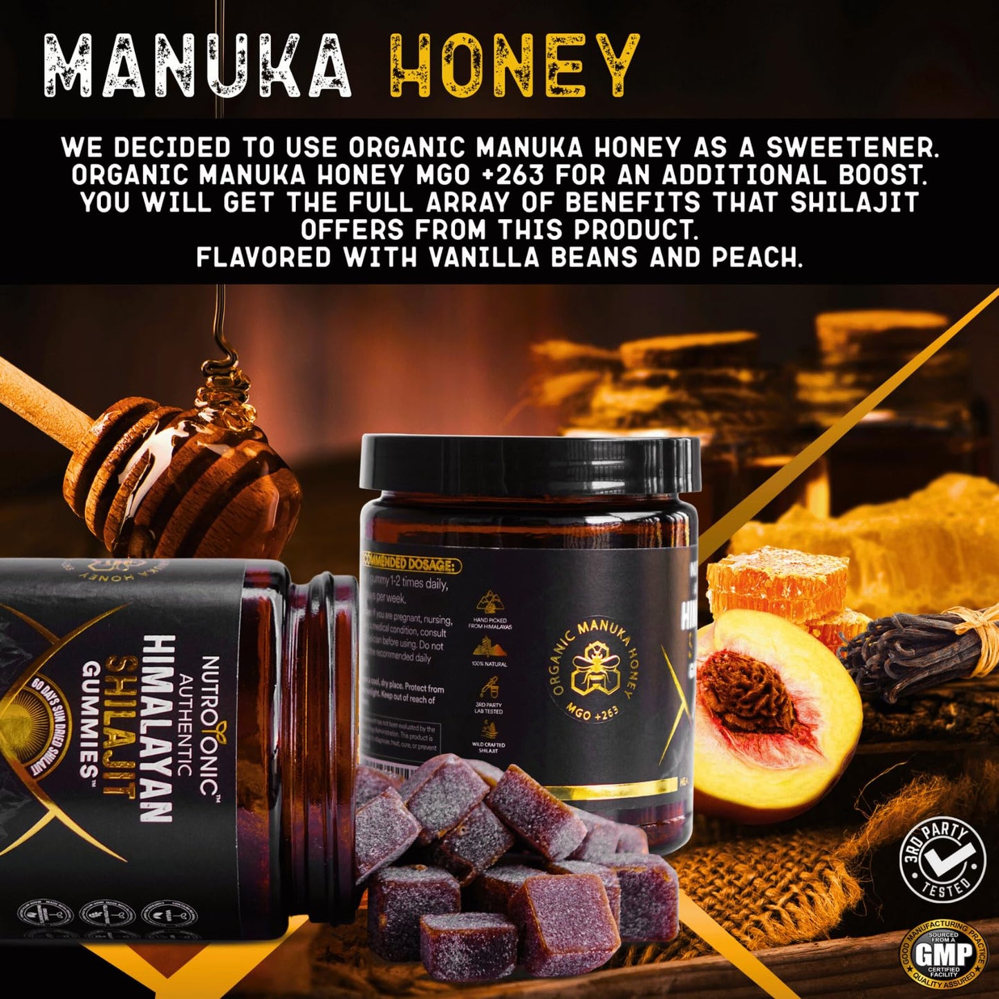 NutroTonic Himalayan Shilajit Gummies – Peach Vanilla, MGO 263 Manuka Honey – Made in USA – 30 Gummies