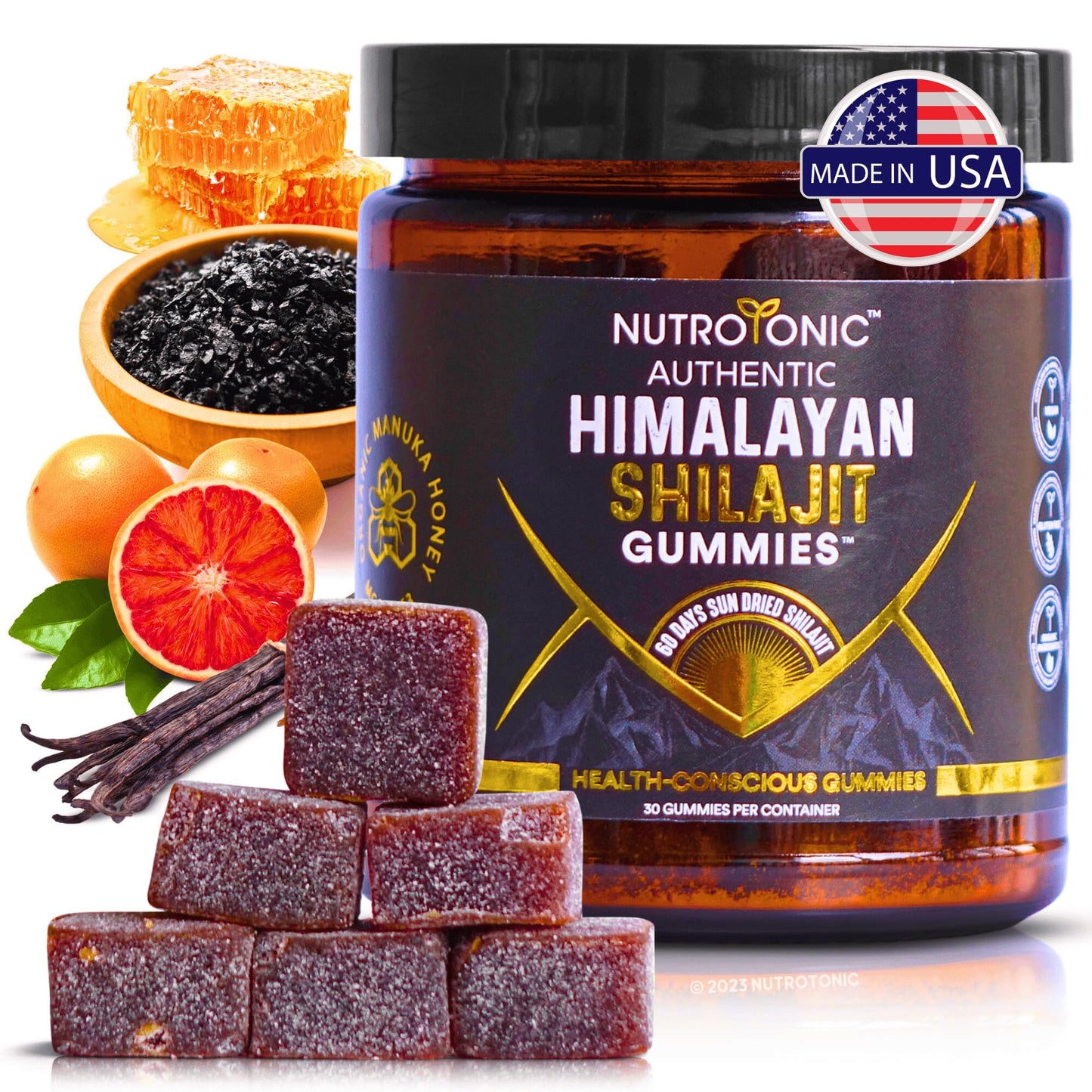 Organic SHILAJIT Gummies by NutroTonic | Cane Sugar Free, Organic Manuka Honey | 30 Gummies