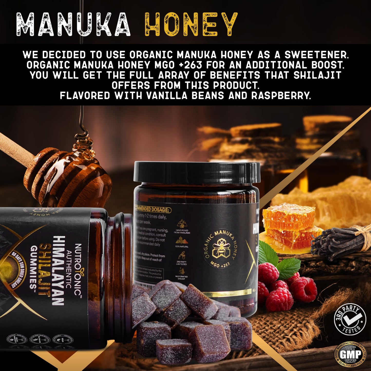 NutroTonic Organic Himalayan Shilajit Gummies – Raspberry Vanilla, Manuka Honey MGO +263 | Made in USA | 30 Gummies