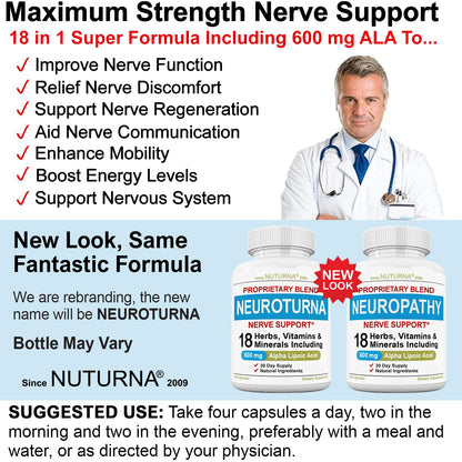 Nuturna Neuropathy Support: 600 mg Alpha Lipoic Acid Maximum Strength Nerve Support - 120 Capsules