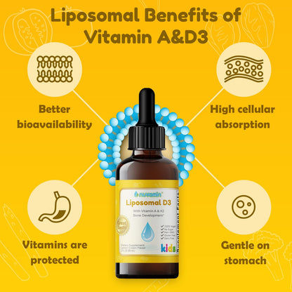 Nuvamin Liposomal Vitamin A & D3 Drops with K2 – Lemon Flavor | 800 IU/mL | 2 oz (60 ml) | For Babies, Toddlers, Kids & Adults