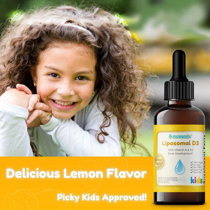 Nuvamin Liposomal Vitamin A & D3 Drops with K2 – Lemon Flavor | 800 IU/mL | 2 oz (60 ml) | For Babies, Toddlers, Kids & Adults