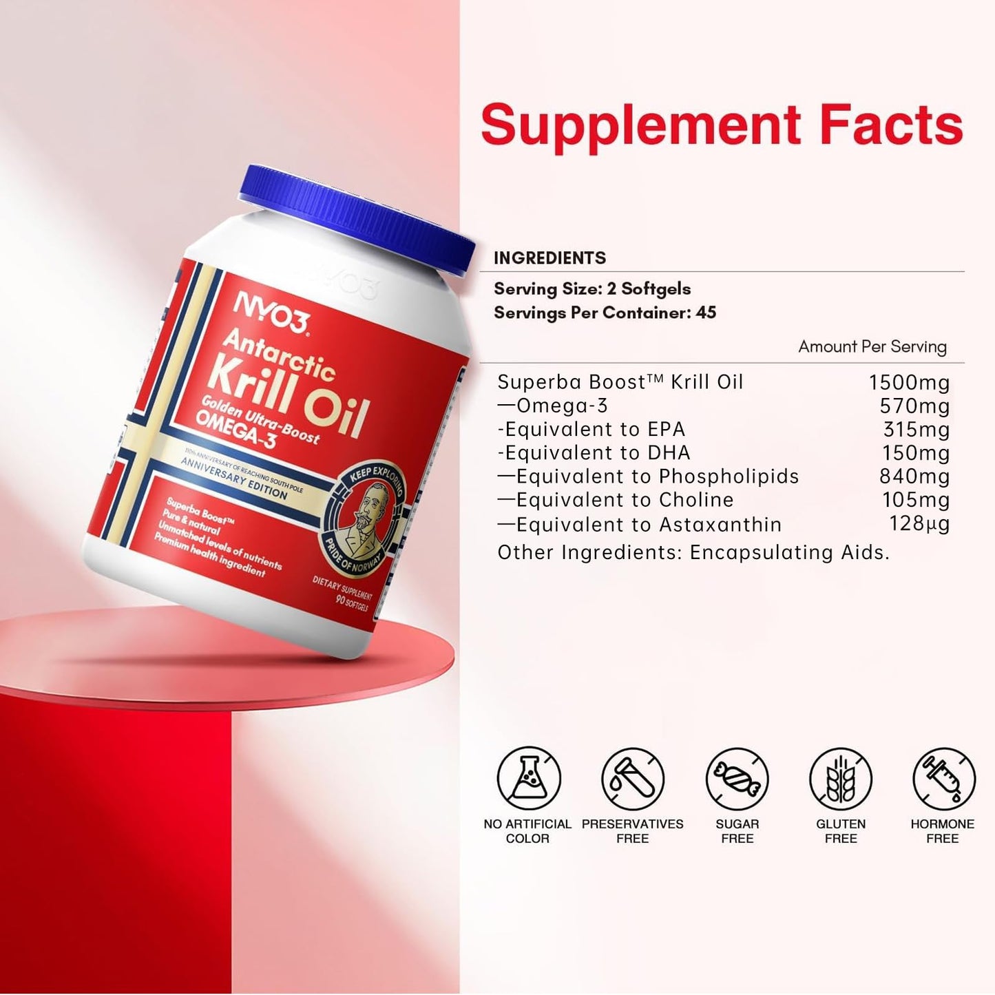 NYO3 Krill Oil 1500mg Omega-3 | 225mg EPA & 105mg DHA | 90 Softgels