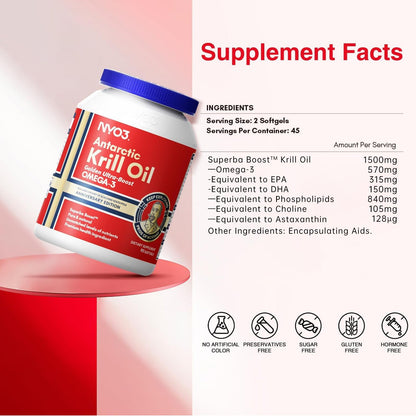 NYO3 Krill Oil 1500mg Omega-3 | 225mg EPA & 105mg DHA | 90 Softgels