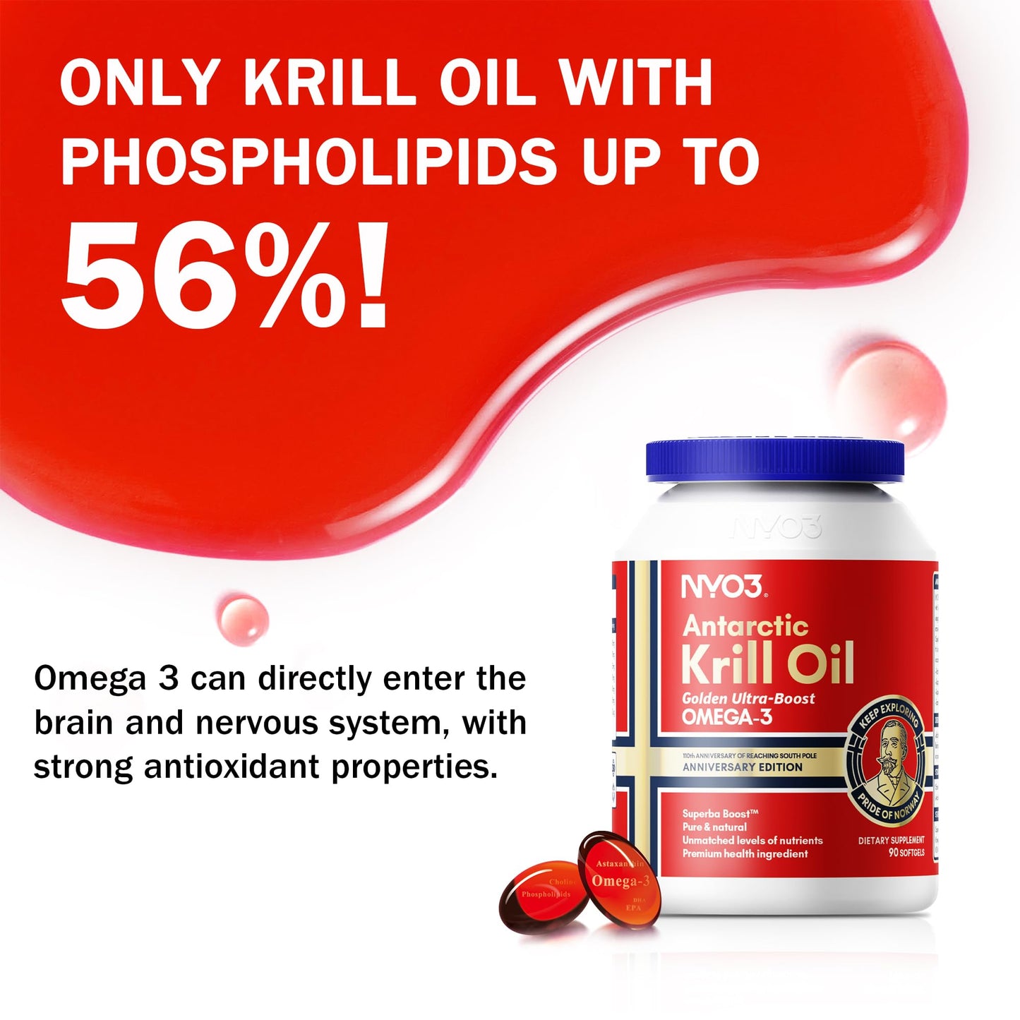 NYO3 Krill Oil 1500mg Omega-3 | 225mg EPA & 105mg DHA | 90 Softgels
