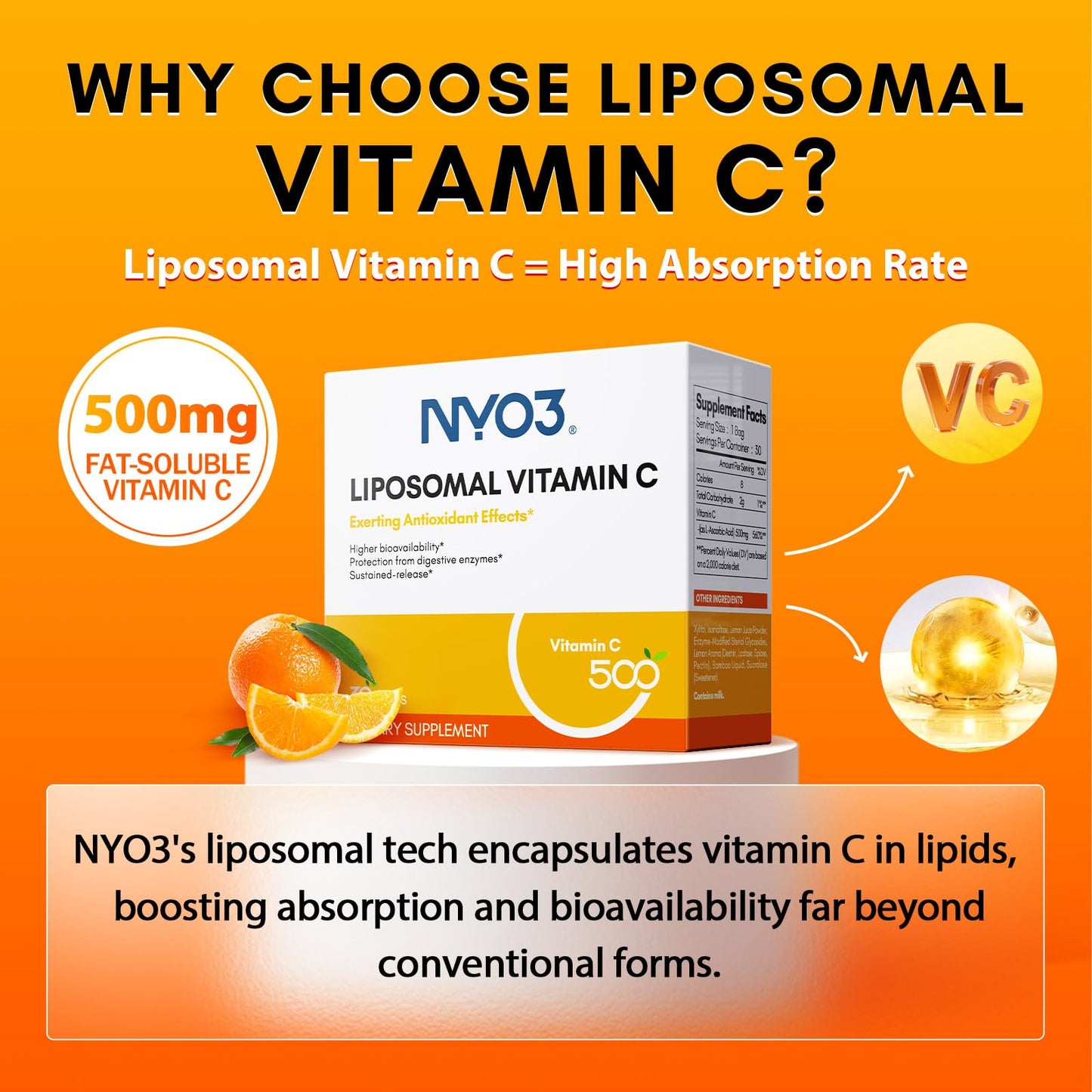 NYO3 Liposomal Vitamin C Powder – Immune Support & Skin Health, 500mg, Gluten-Free