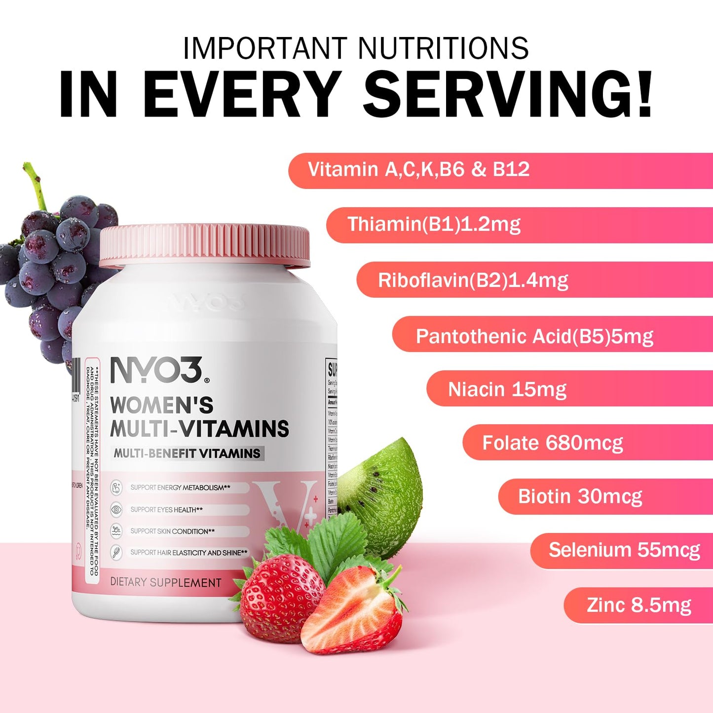 NYO3 Women’s Multivitamin with Zinc & Biotin | Gluten-Free, 60 Day Supply