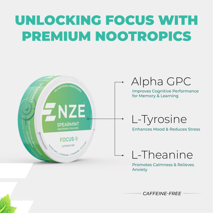 NZE Caffeine Free Nootropic Pouches – Spearmint, Alpha GPC, L-Tyrosine & L-Theanine | No Sugar or Artificial Sweeteners | 15 Pouches/Can, 5 Pack