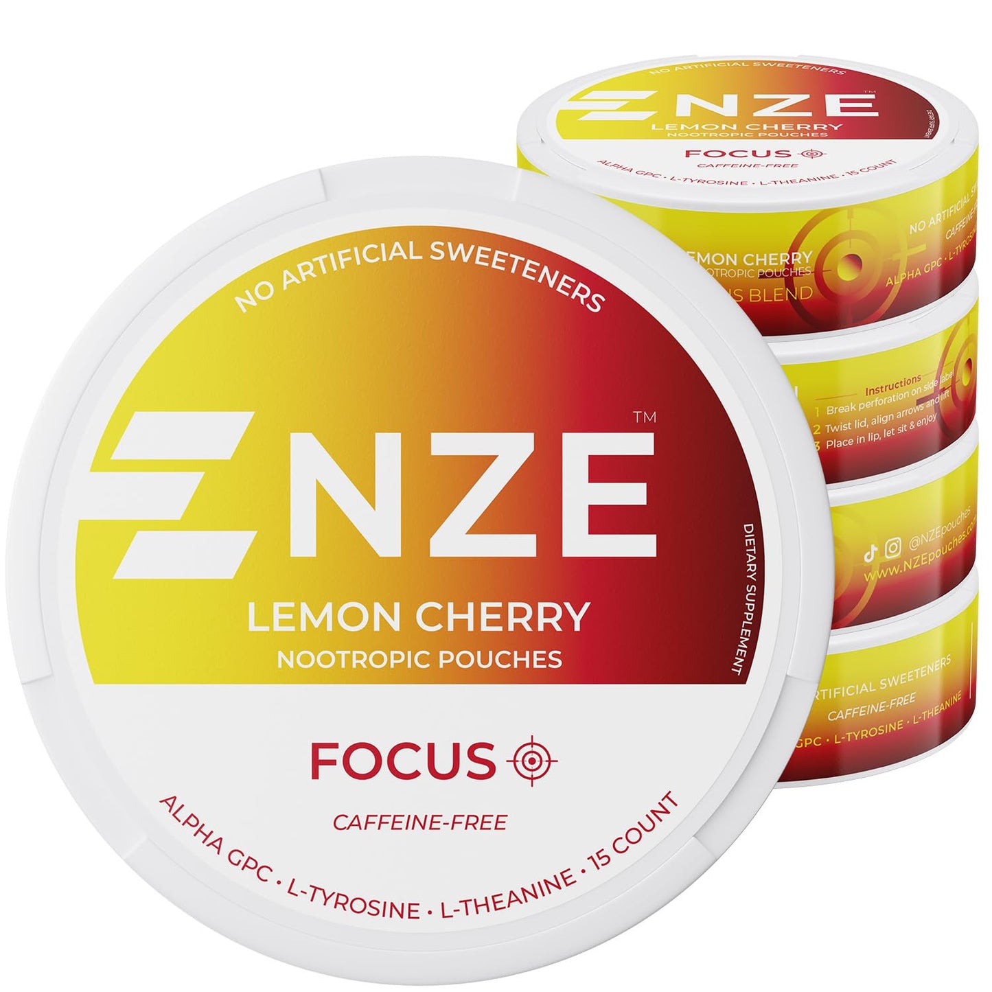 NZE Caffeine Free Nootropic Pouches – Lemon Cherry, 15 Pouches/Can, 5 Pack | Alpha GPC, L-Tyrosine & L-Theanine