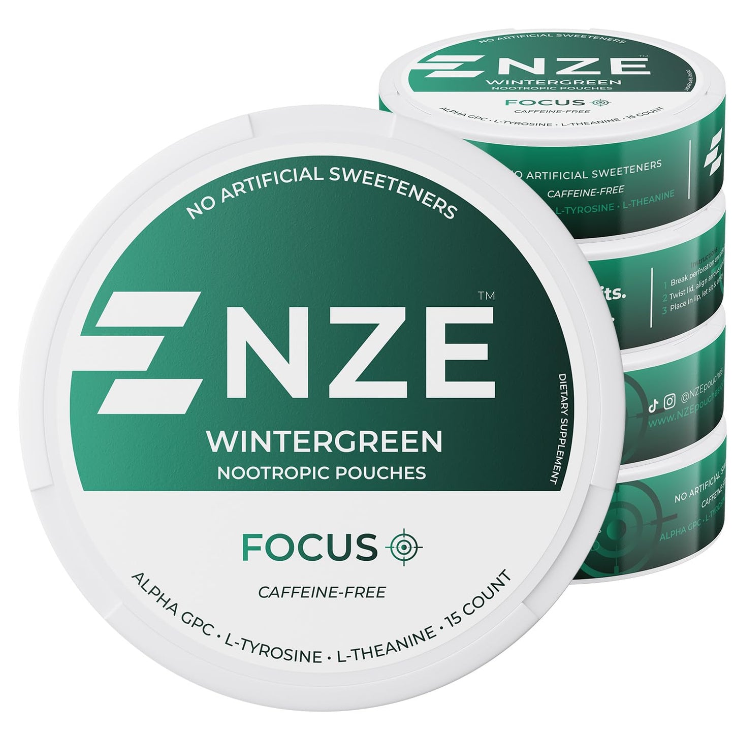 NZE Caffeine Free Nootropic Pouches (Wintergreen) – 15 Pouches Per Can – 5 Pack