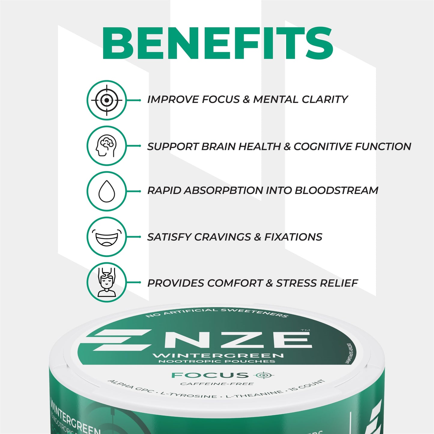 NZE Caffeine Free Nootropic Pouches (Wintergreen) – 15 Pouches Per Can – 5 Pack