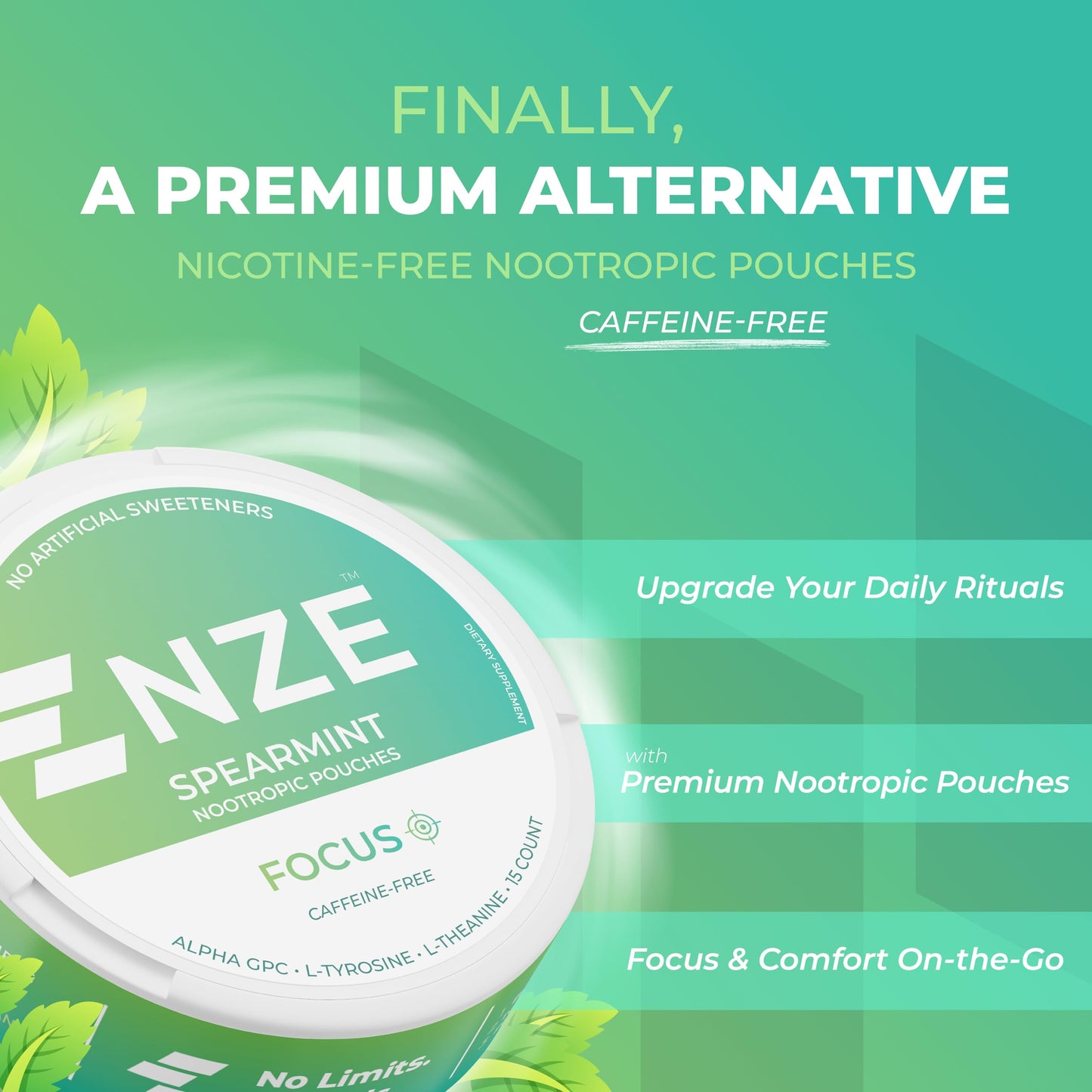 NZE Caffeine Free Nootropic Pouches – Spearmint, Alpha GPC, L-Tyrosine & L-Theanine | No Sugar or Artificial Sweeteners | 15 Pouches/Can, 5 Pack