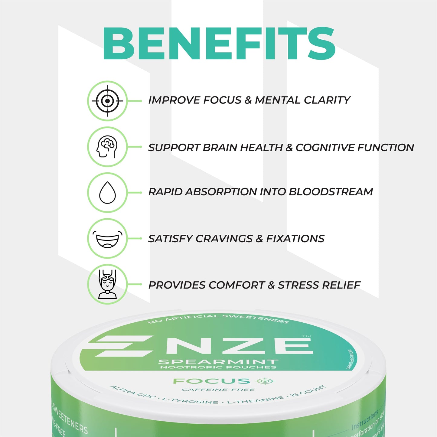 NZE Caffeine Free Nootropic Pouches – Spearmint, Alpha GPC, L-Tyrosine & L-Theanine | No Sugar or Artificial Sweeteners | 15 Pouches/Can, 5 Pack