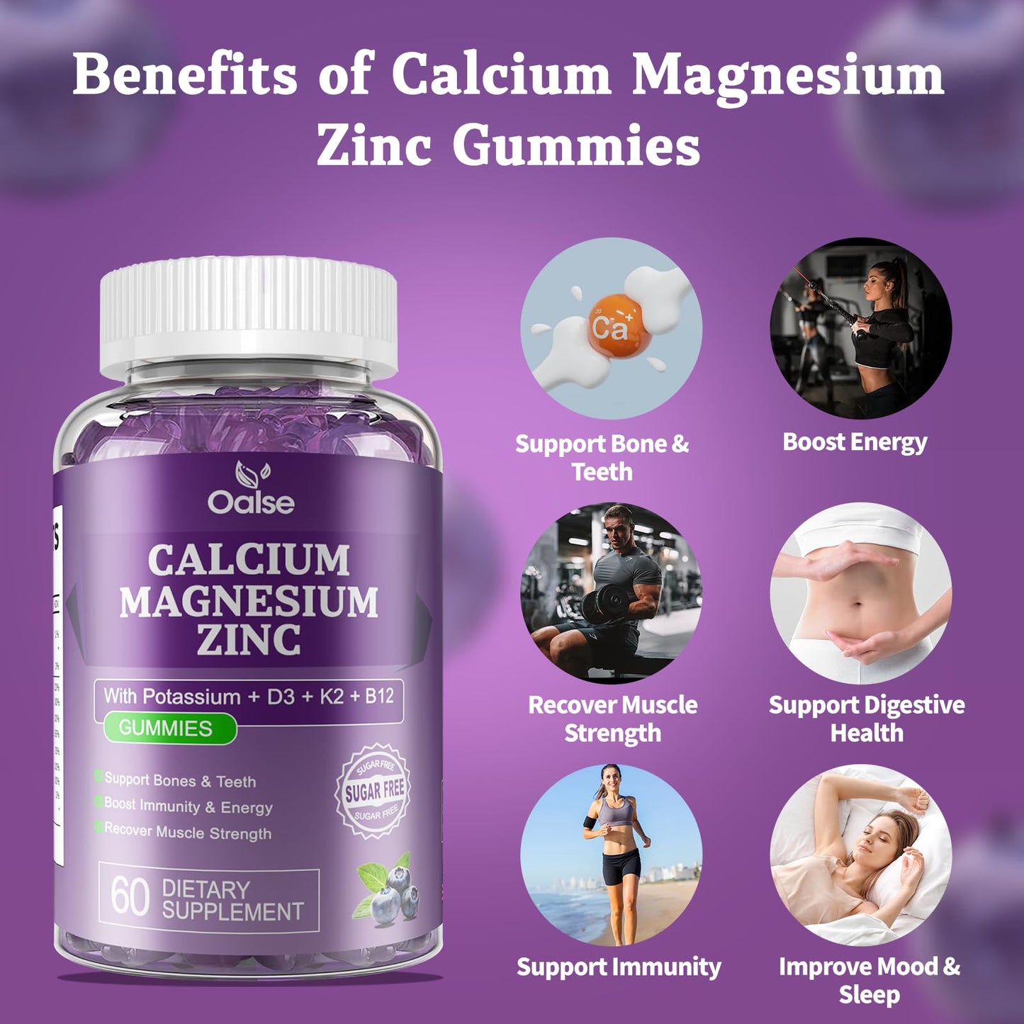OALSE Calcium Magnesium Zinc Gummies with Vitamin D3 & K2 – High Absorption Magnesium Glycinate – Sugar Free Blueberry (1 Pack)