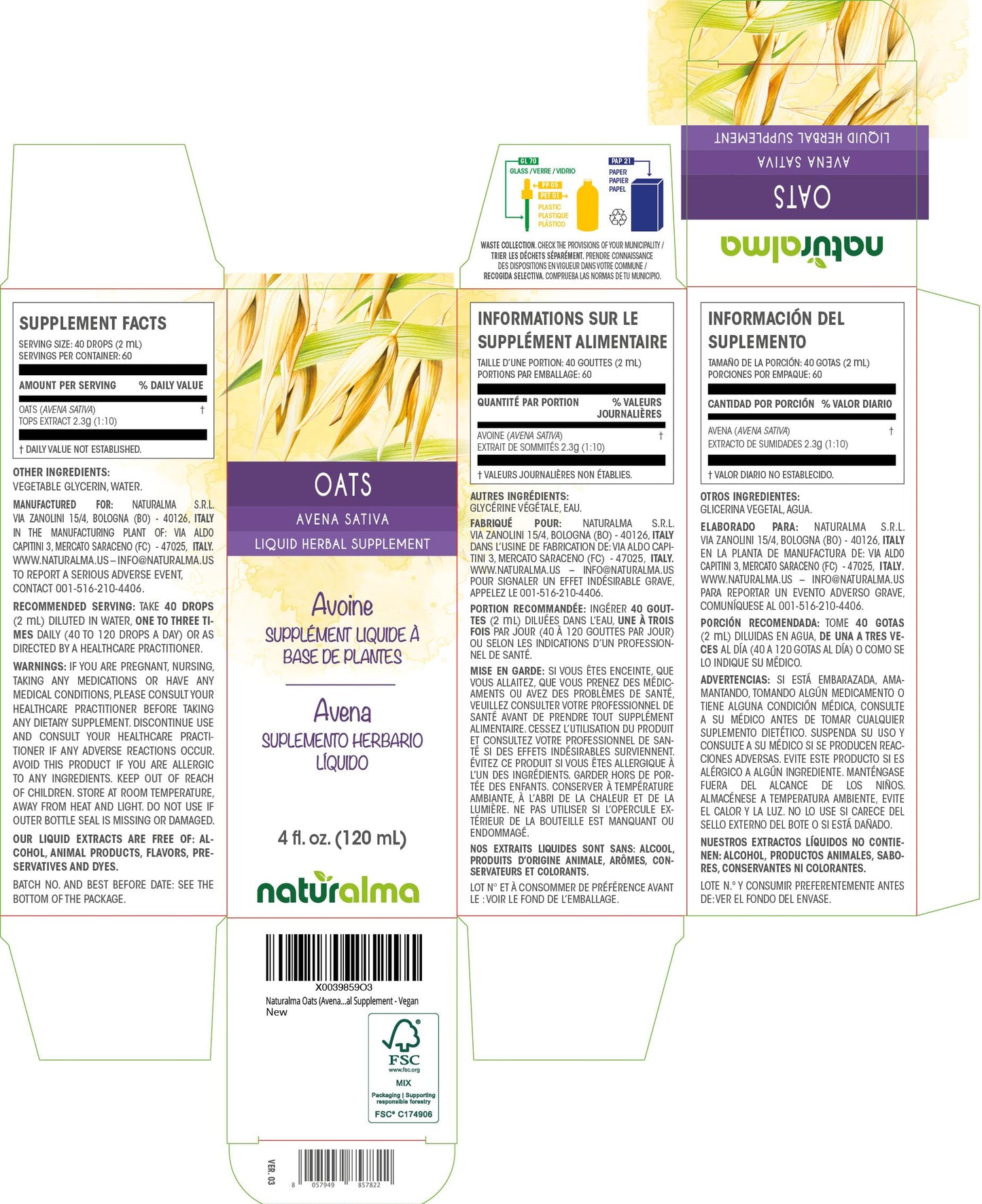 Naturalma Oats Tops Tincture (Avena Sativa) – Alcohol-Free 4 fl oz Drops | Vegan