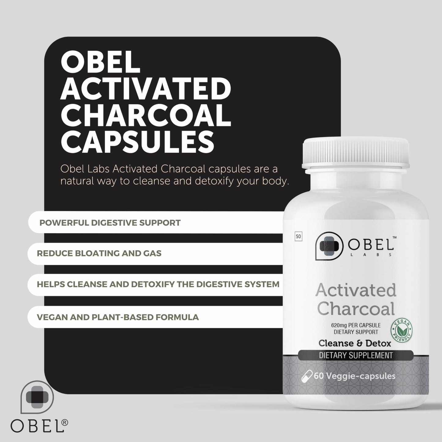 Obel Activated Charcoal Capsules | Digestive Support | 620mg Coconut-Derived