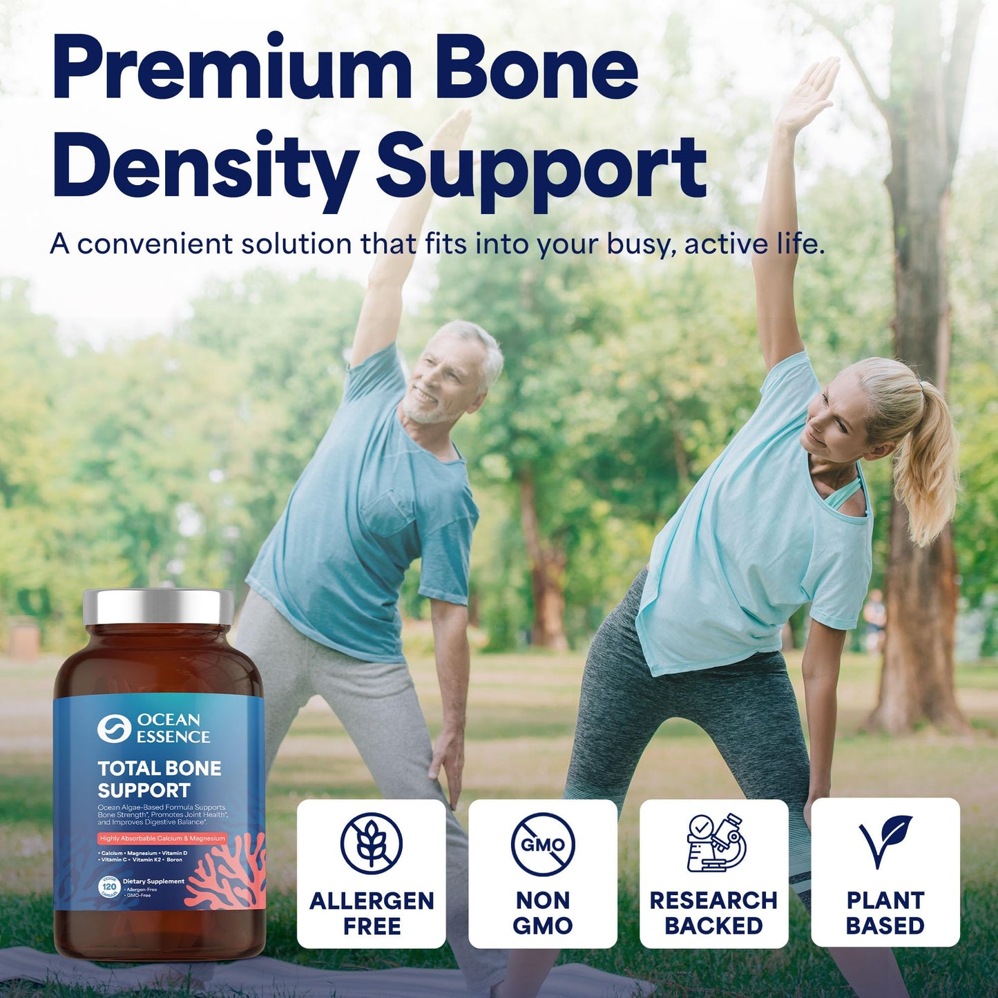 OCEAN ESSENCE Total Bone Support - Plant-Based Algae Calcium for Bone Density & Strength | 120 Capsules