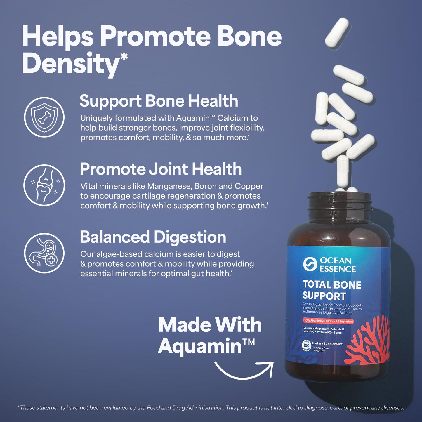 OCEAN ESSENCE Total Bone Support - Plant-Based Algae Calcium for Bone Density & Strength | 120 Capsules
