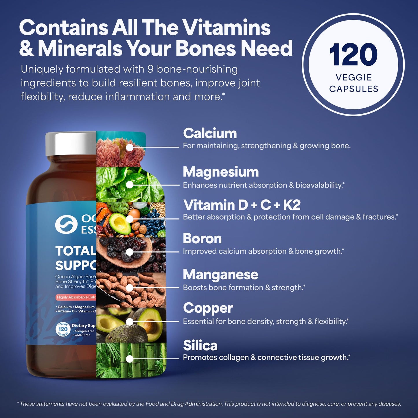 OCEAN ESSENCE Total Bone Support - Plant-Based Algae Calcium for Bone Density & Strength | 120 Capsules