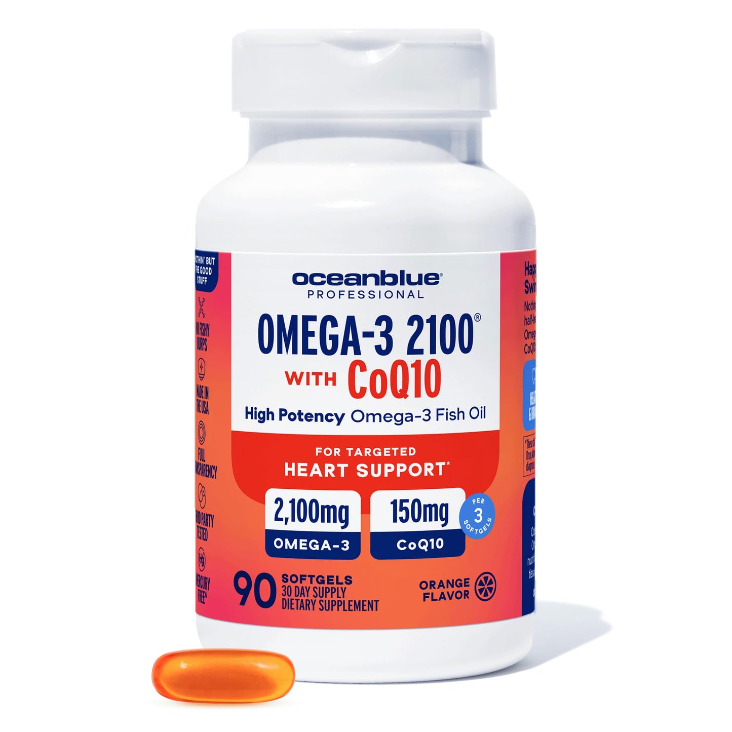 Oceanblue Omega-3 2100 with CoQ10 | Triple-Strength Fish Oil + CoQ10 | Orange Flavor | Heart Support | 90 Softgels