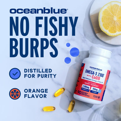 Oceanblue Omega-3 2100 with CoQ10 | Triple-Strength Fish Oil + CoQ10 | Orange Flavor | Heart Support | 90 Softgels