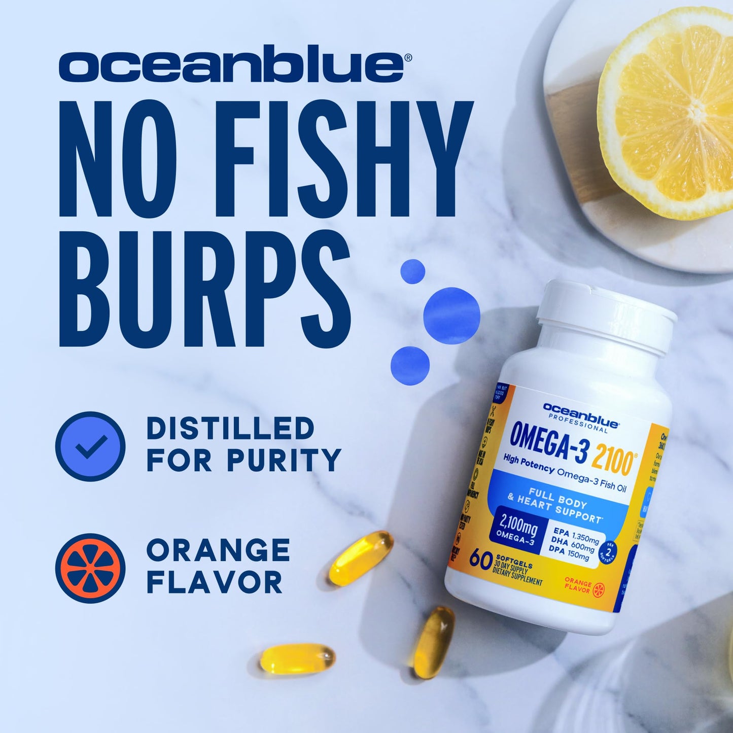 Oceanblue Professional Omega-3 2100mg Fish Oil – Triple Strength EPA, DHA & DPA | Burpless, Wild-Caught, Orange Flavor | 138 Count