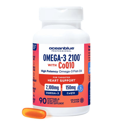 Oceanblue Omega-3 2100 with CoQ10 | Triple-Strength Fish Oil + CoQ10 | Orange Flavor | Heart Support | 90 Softgels