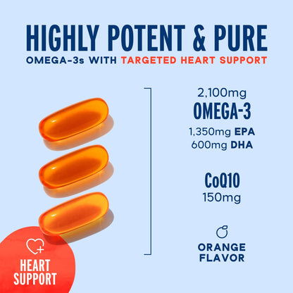 Oceanblue Omega-3 2100 with CoQ10 | Triple-Strength Fish Oil + CoQ10 | Orange Flavor | Heart Support | 90 Softgels