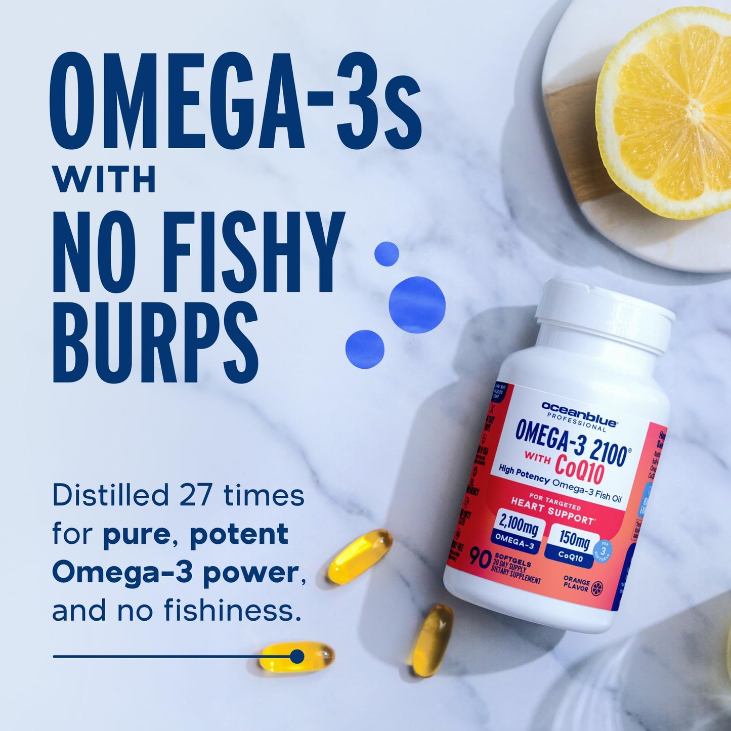 Oceanblue Omega-3 2100 with CoQ10 | Triple-Strength Fish Oil + CoQ10 | Orange Flavor | Heart Support | 90 Softgels