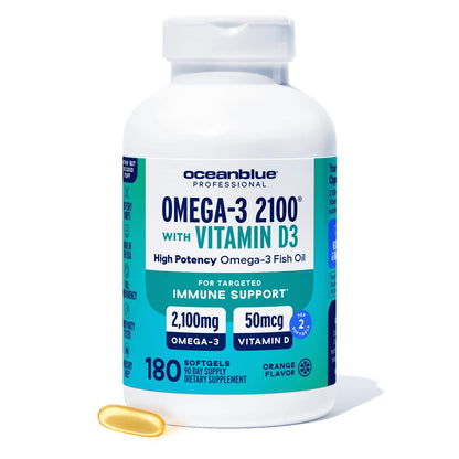 Oceanblue Professional Fish Oil with Vitamin D3 — Triple Strength 2100mg Omega-3 (EPA DPA DHA) + 2000 IU D3 | Burpless Orange Flavor | Wild-Caught & Sustainable | 90 Servings (180 Softgels)