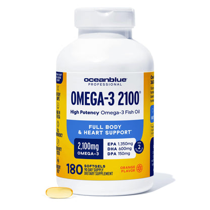 Oceanblue Omega-3 2100 — Triple-Strength Burpless Fish Oil (180 Softgels, Orange)