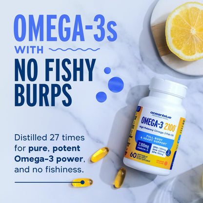 Oceanblue Professional Omega-3 2100mg Fish Oil – Triple Strength EPA, DHA & DPA | Burpless, Wild-Caught, Orange Flavor | 120 Count