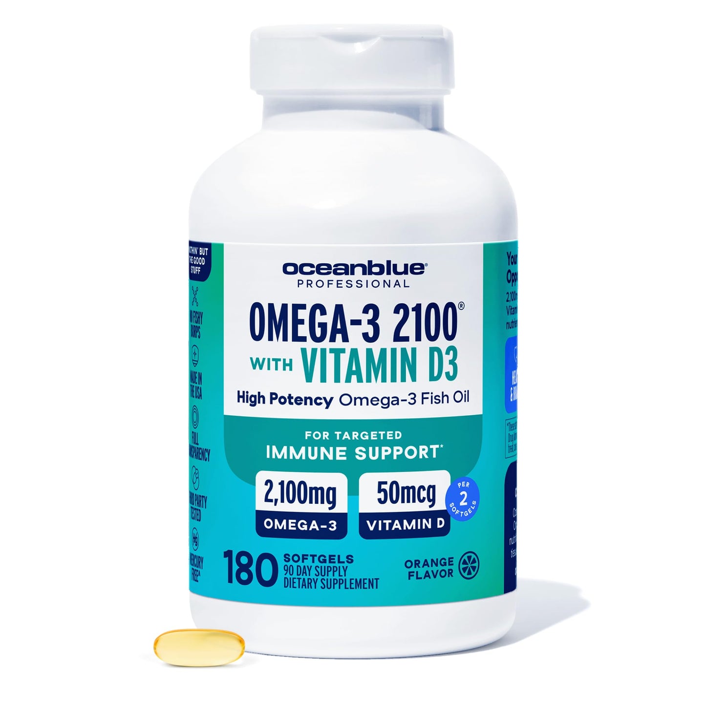 Oceanblue Professional Fish Oil with Vitamin D3 — Triple Strength 2100mg Omega-3 (EPA DPA DHA) + 2000 IU D3 | Burpless Orange Flavor | Wild-Caught & Sustainable | 90 Servings (180 Softgels)