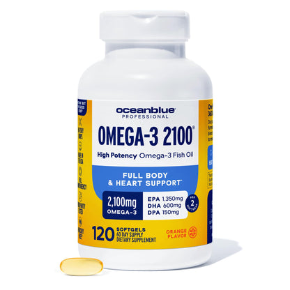 Oceanblue Professional Omega-3 2100mg Fish Oil – Triple Strength EPA, DHA & DPA | Burpless, Wild-Caught, Orange Flavor | 120 Count
