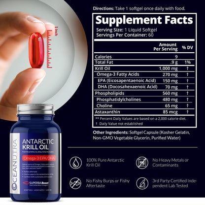 Oceanutra 100% Pure Krill Oil 1000mg – 56% Phospholipids, 60-Day Supply