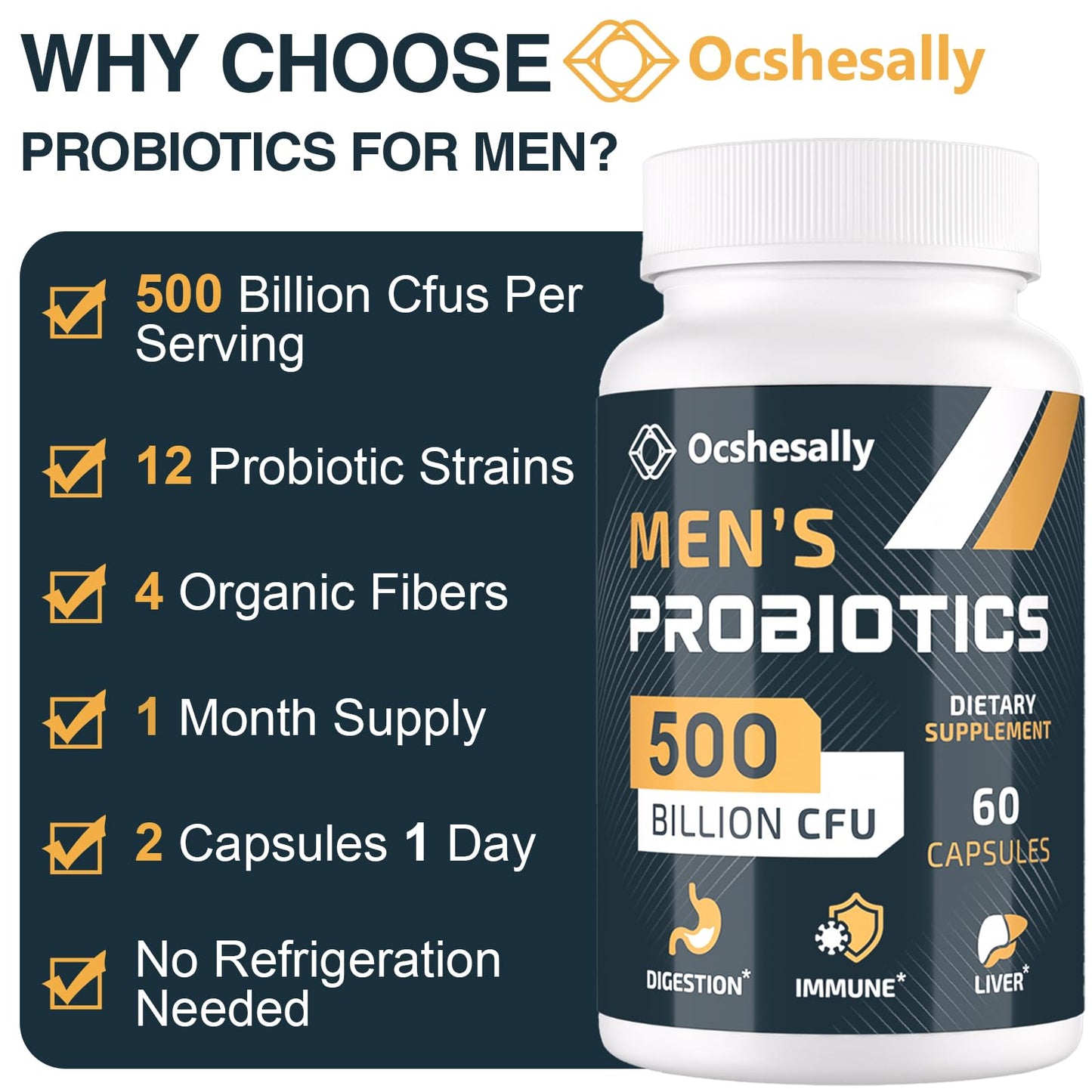 Ocshesally Probiotics for Men – 500B CFU, 12 Strains, 120 Capsules