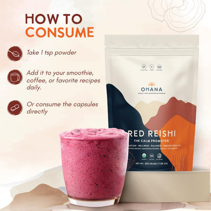 Ohana Red Reishi – Organic Mushroom Powder Blend, USDA Organic, Non-GMO, Gluten-Free (7.06 oz, Pack of 1)