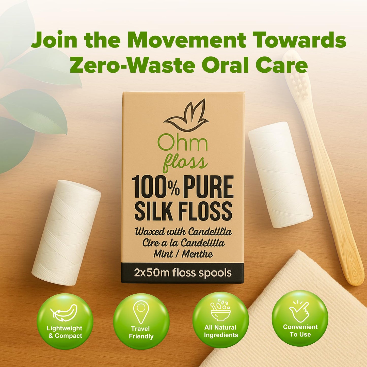 Ohm Floss Refill – 100% Silk, Natural Mint, Vegan Wax (110 yds)