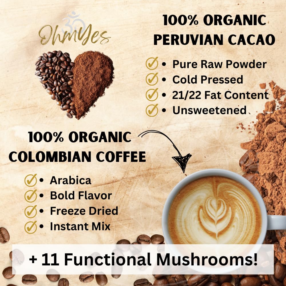 OhmYes 11 Mushroom Coffee + Cacao – Organic Nootropic Superfood Blend (7 oz)