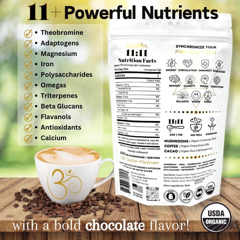 OhmYes 11 Mushroom Coffee + Cacao – Organic Nootropic Superfood Blend (7 oz)