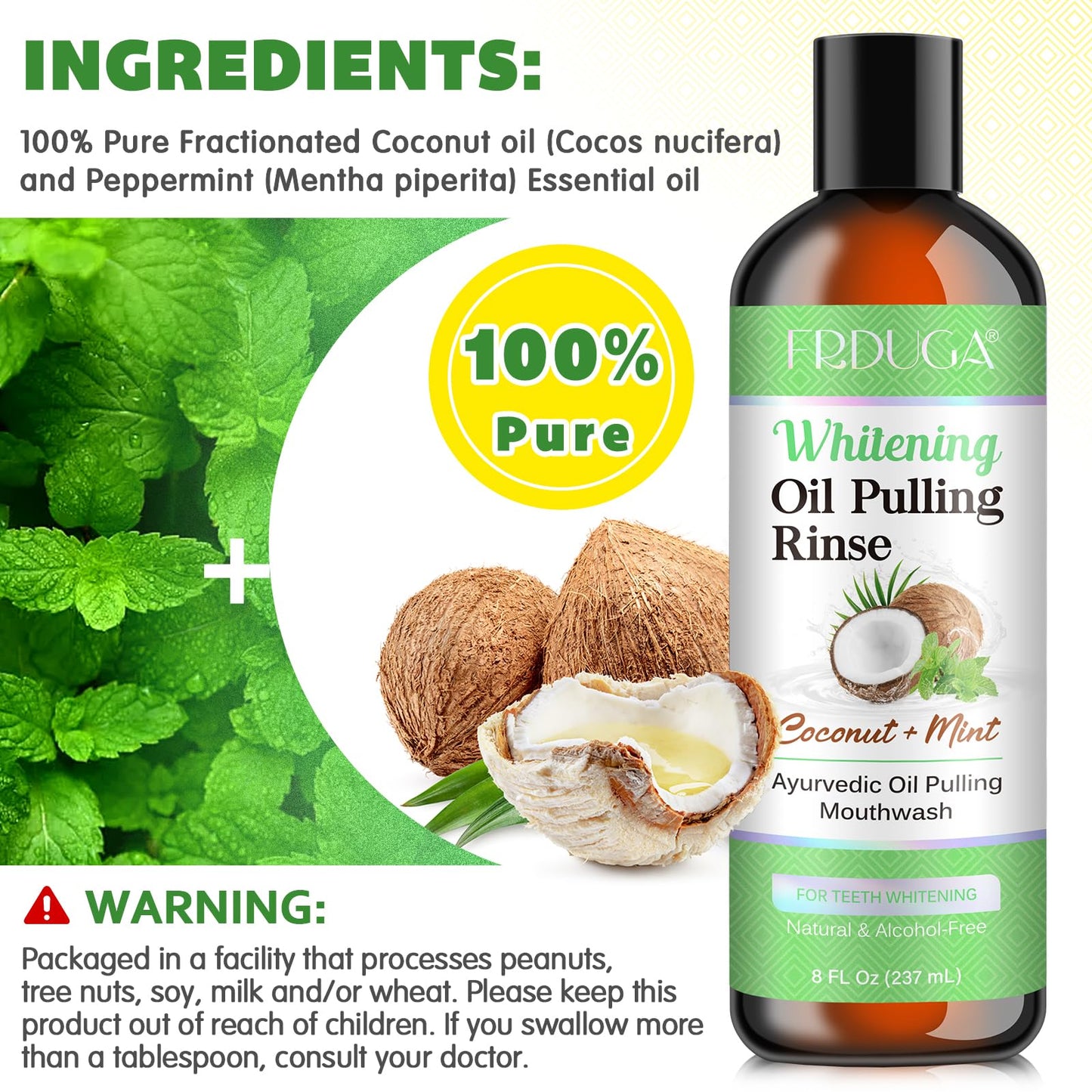 Oil Pulling Mouthwash with Coconut & Peppermint Essential Oils - Alcohol-Free, Vitamins D & E | Fresh Breath, Teeth Whitening, Gum Health | Tongue Scraper (8 Fl Oz)