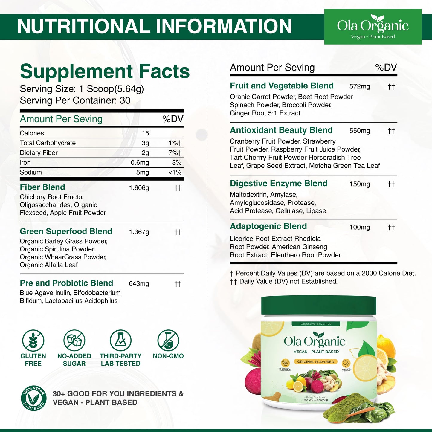 Ola Organic Greens Superfood Powder – 11 Cruciferous Vegetables, Immune Support, 270g Jar