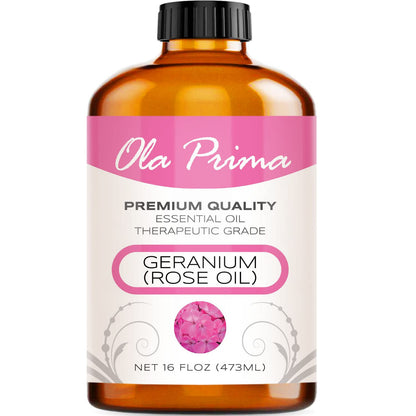 Ola Prima Rose Geranium Essential Oil - 16oz Therapeutic Grade for Aromatherapy, Skincare & Relaxation