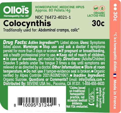 OLLOIS Colocynthis 30c Organic – Lactose-Free, Vegan Homeopathic Medicine | 80 Pellets