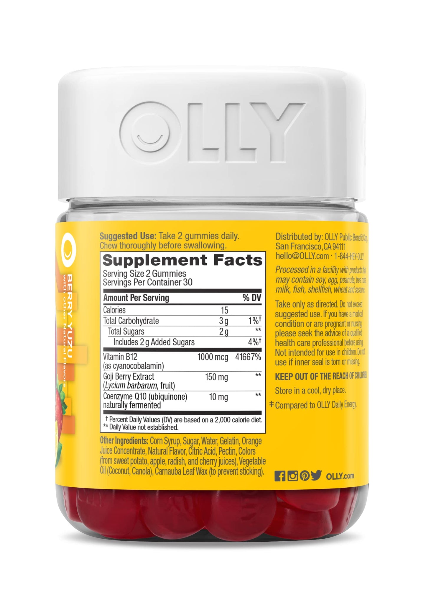 OLLY Extra Strength Daily Energy Gummies – Caffeine Free, 1000mcg B12, CoQ10 (60 ct)