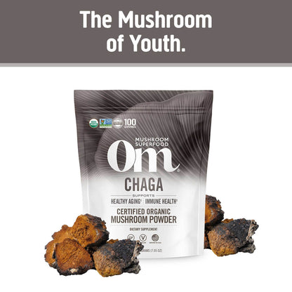 OM MUSHROOM SUPERFOOD Chaga Powder – 7.05 oz, 100 Servings, Organic
