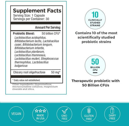 Omax3 Probiotic & Prebiotic 50B CFU - 10 Strains, Vegan + Chicory Inulin