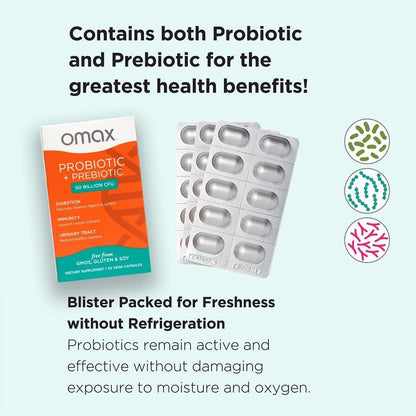 Omax3 Probiotic & Prebiotic 50B CFU - 10 Strains, Vegan + Chicory Inulin