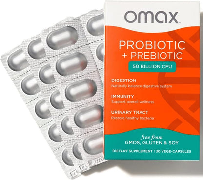 Omax3 Probiotic & Prebiotic 50B CFU - 10 Strains, Vegan + Chicory Inulin